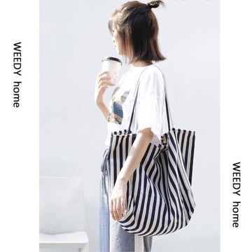 小眾設計師2025新款條紋休閑托特包旅游度假大容量購物袋帆布大包