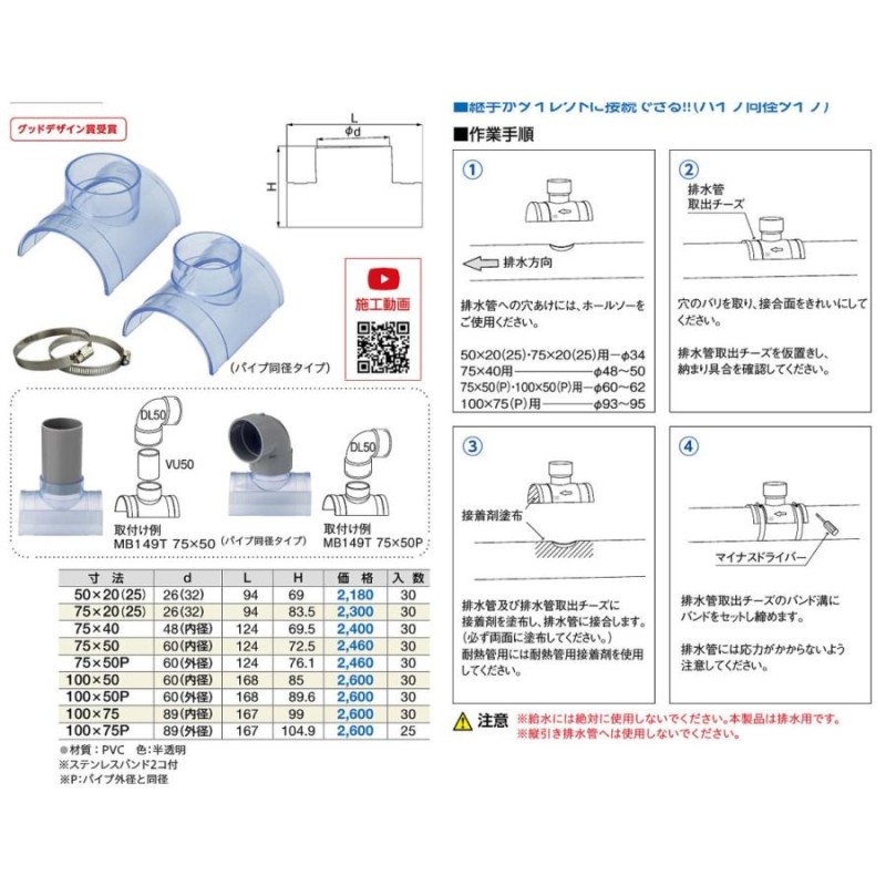 ミヤコ 排水管取出チーズ MB149T 寸法75×50 【グッドデザイン賞受賞】 LINEショッピング