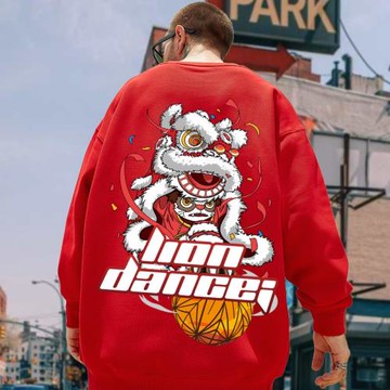 醒獅中國風純棉長袖T恤春秋季薄衛衣男 加大碼青少年學生秋衣紅色