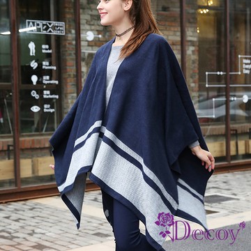 【Decoy】仰望藍天＊灰條紋加大保暖斗篷式披肩