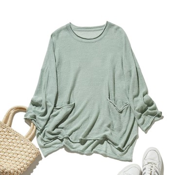 【特別優惠】四季皆宜套頭衫 100%亞麻 9分袖亞麻針織 淺綠色 250508-3