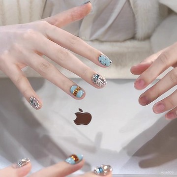 ➕最新設計款穿戴甲💅【蒂芙尼藍】秋冬純手工穿戴甲藍色拚鑽高級顯白純手作氣質款美甲長梯穿戴甲 MV0H