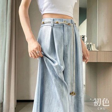 初色 簡約休閒寬鬆冰絲垂墜水墨拉鍊扣高腰拖地褲闊腿寬褲長褲-共4色-19466(M-2XL可選)