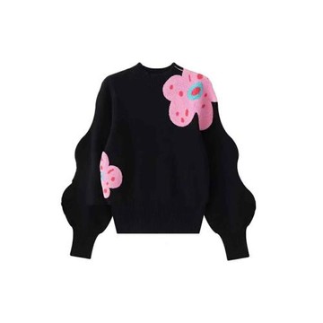 復古刺繡花朵黑色毛衣女春季干練氣質新款針織衫獨特超好看上衣潮