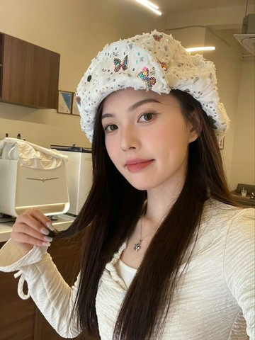 日系大頭圍白色云朵貝雷帽子女復古小眾顯臉小亮片畫家八角帽