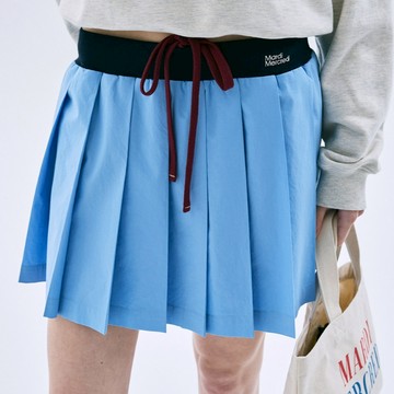 MARDI MERCREDI 學院風百褶裙 藍色 撞色腰帶 可調式 COTTON PLEATED MINI
