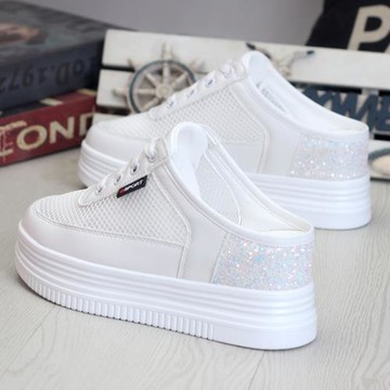 2024夏季透氣小白鞋半拖鞋女厚底內增高顯瘦8CM無后跟懶人鞋網鞋