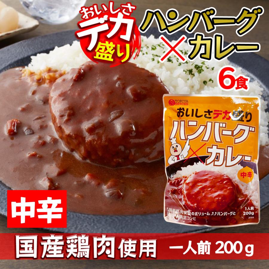 デカ盛り ハンバーグカレー レトルトカレー 国産鶏肉 使用 200g 1人前 × 6食セット 中辛 ボリューム満点 電子レンジ 簡単調理