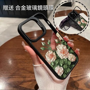 玫瑰盛開 金屬隱形鏡頭支架 送鏡頭膜 防摔殼 手機殼  iPhone15 14 13 12 11 Pro Max 保護殼