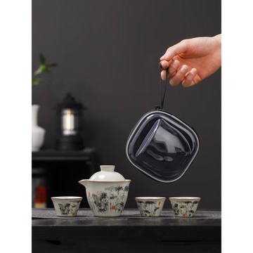 汝窯旅行茶具便攜式套裝小茶杯隨行陶瓷手抓壺泡茶快客杯一壺三杯