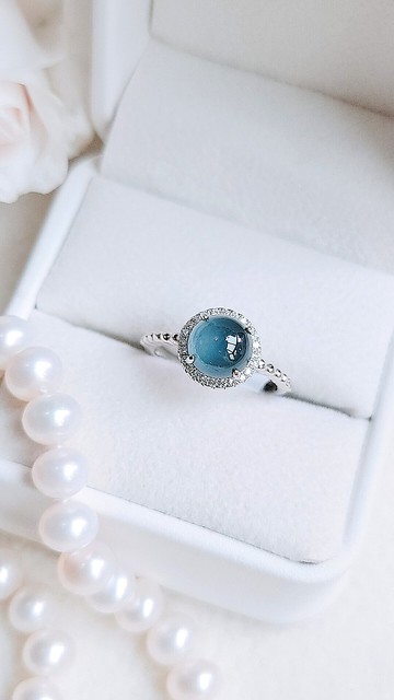 |深海財水藍剛|A貨翡翠冰玻深藍剛大蛋面7.9mm純銀鍍18k戒指