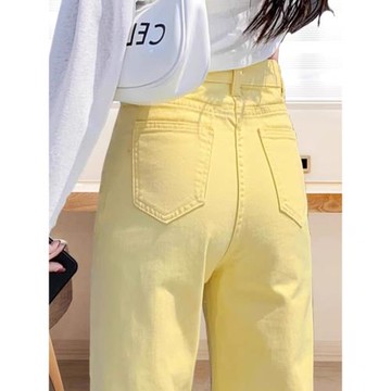 春裝黃色煙管窄版直筒牛仔褲女鵝奶黃高腰顯瘦多巴胺休閑彩色女褲