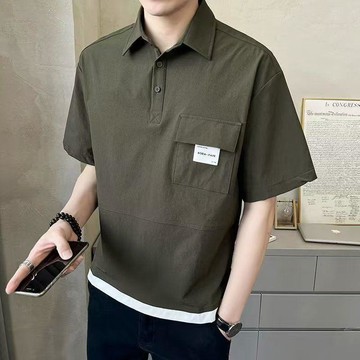 撞色拼接假兩件男T 寬鬆 Oversize 夏季新款假兩件短袖衫男日系復古男士潮牌休閒寬鬆翻領半袖0728