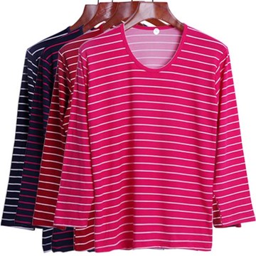 女低領春秋衣加肥大碼中老年人寬松舒適高彈薄款媽媽單件條紋上衣