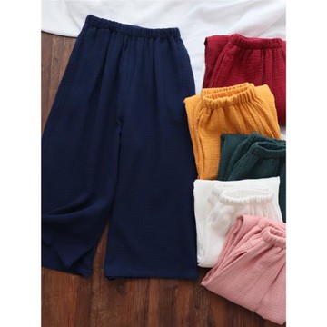 純棉縐布水洗棉雙層紗布睡褲女夏七分闊腿大碼加肥家居中褲休閑色