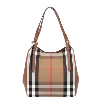 【BURBERRY 巴寶莉】80737861  經典格紋拼接皮革手提單肩包(棕色)