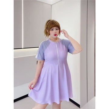 胖仙女瑩瑩大碼女裝胖mm時尚休閑小個子顯瘦運動撞色連體裙式泳衣