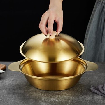 不銹鋼干鍋商用部隊火鍋金色雙耳煮面鍋平底鍋仔帶蓋加厚海鮮鍋