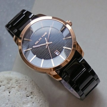 RELAX TIME 文青水波系列 經典日期腕錶-黑x玫瑰金 / RT-86-6M