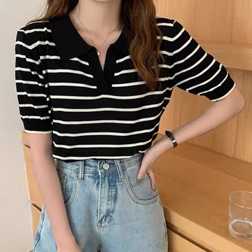 日本 GRL - 俐落感翻領薄針織短袖上衣-黑領白線條 (M)