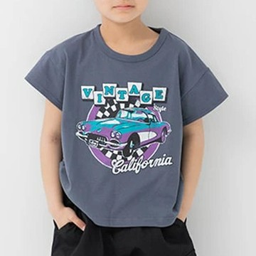 日本 Chil2 - 100%棉 印花柔軟短袖上衣-復古車車-炭灰