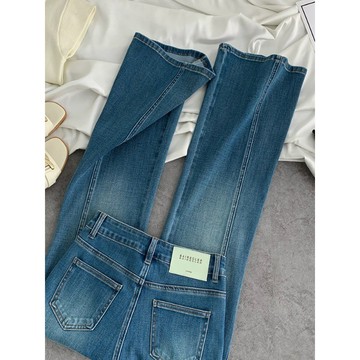 88773L_大碼女裝2026新款高腰顯瘦直筒微喇褲四面彈藍色筒喇褲KX
