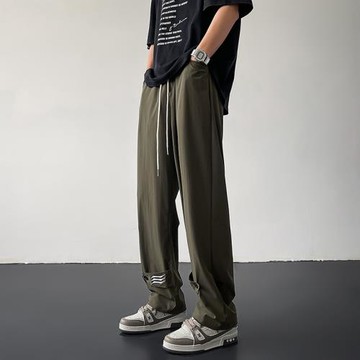 軍綠色褲子男夏季薄款冰絲男褲直筒寬松闊腿褲速干運動褲休閑長褲