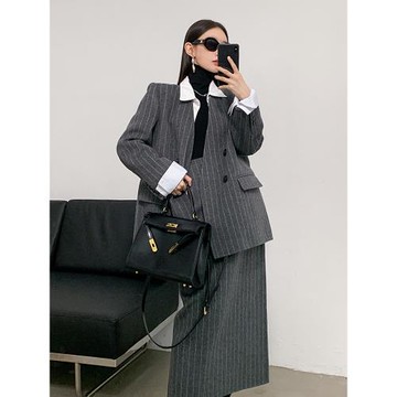 DANCC 條紋雙面呢大衣女短款無領羊毛西裝套裝毛呢外套裙子兩件套