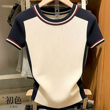 初色 簡約圓領撞色條紋針織短袖打底上衣女上衣-米白色-19149(F可選)