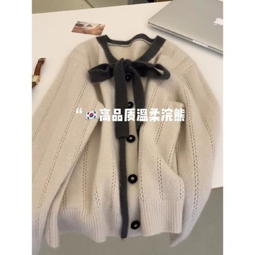 溫柔風撞色蝴蝶結毛衣女秋冬季軟糯仿浣熊絨針織開衫圓領上衣外套