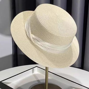 帽子女款2025新款春夏季法式優雅珍珠綢緞遮陽防曬草帽百搭太陽帽