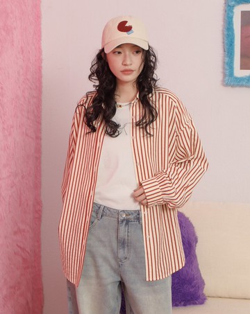 條紋寬鬆落肩長袖襯衫(兩色)