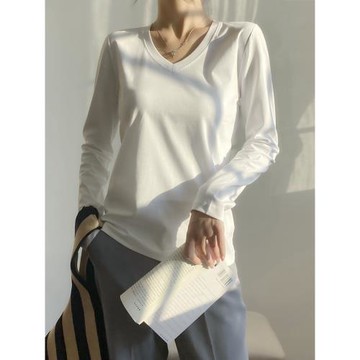 絲光棉V領長袖女裝T恤秋季內搭純棉寬松限時雞心領打底衫外穿上衣