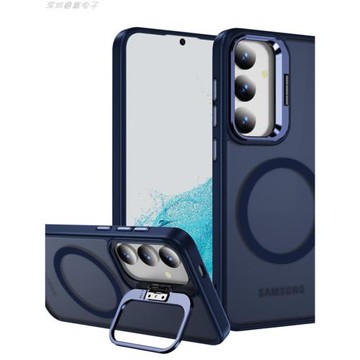 適用三星s24Plus水晶透色磨砂膚感手機殼s24Ultra金屬護鏡支架亮彩邊框防滑Magsafe磁吸無線充