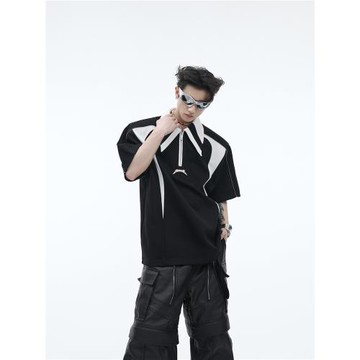 CulturE新款小眾解構撞色墊肩短袖POLO衫金屬設計感寬松高級T恤夏