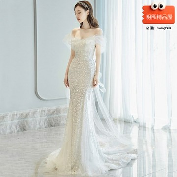 【仙氣拖尾】輕婚紗 新娘婚紗 年會禮服 主持禮服 出門紗 一字肩亮片 魚尾修身 2025新款 氣質女神必備