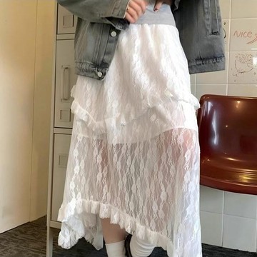 2026夏日新款僊女蕾絲不規則蛋糕甜美半身裙 仙女裙 複古高腰顯瘦半身長裙 蛋糕裙 白色蛋糕裙 山本裙