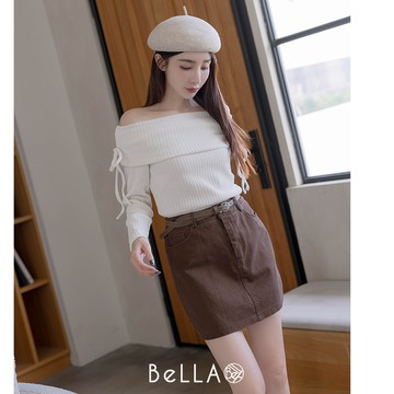 【秋冬新品】BeLLA  一字領蝶結毛衣 白色