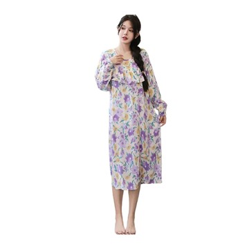 K.W. 韓國專櫃級紫花棉稠波浪造型家居休閒服睡裙(睡裙/1件套/舒適柔軟好穿)