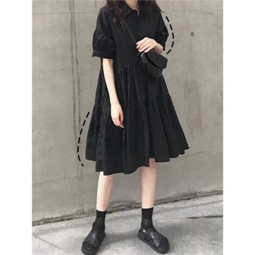 法式小個子連衣裙復古桔梗裙超仙女森系寬松遮肉山本風赫本小黑裙