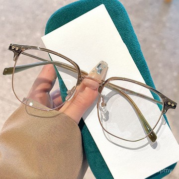 👓近視眼鏡👓G04半框眼鏡女超輕港風冷茶色素顔 高級感方形眼睛框架男 百搭眼鏡 個性時尚眼鏡 網紅 無度數眼鏡 拍照眼鏡