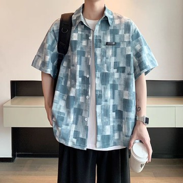 美式復古格子短袖ins襯衫夏季新款寬鬆休閒港風外搭男生輕奢襯衣