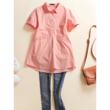 純棉中長款短袖襯衫女遮屁股夏季韓版顯瘦時尚抗皺洋氣襯衣上衣