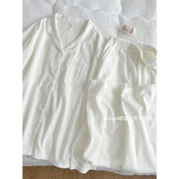 純色高級感微胖睡衣女白色春秋長袖純棉女士夏天家居服套裝胖mm