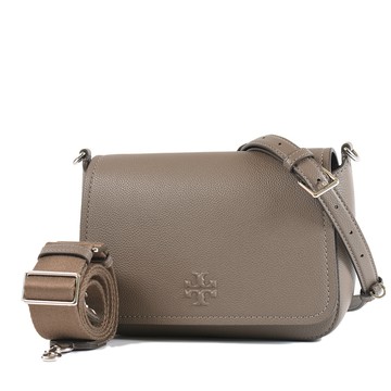 TORY BURCH THEA 荔枝紋雙背帶翻蓋斜背包-可可色