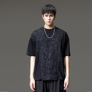 夏季男士拼接短袖T恤盤繩繡花寬松休閑上衣