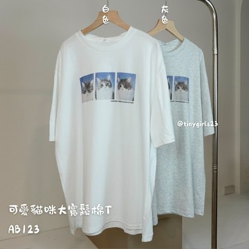 【太妮絲AB123】現貨 貓咪圖片T 寬鬆 上衣 短袖上衣 夏季 長版短袖上衣 學生必備 棉質上衣可愛圖T 韓國設計