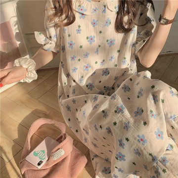 超舒服☁️韓國ins甜美小花朵睡裙 女睡衣裙 夏季薄款短袖中長款睡裙 居家睡裙 可外穿睡衣 寬鬆睡裙