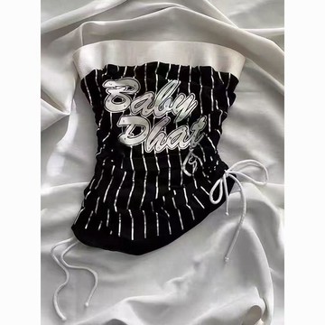 現款免運辣妹複古條紋印花抹胸上衣女夏新款抽繩設計感小衆顯瘦背心@