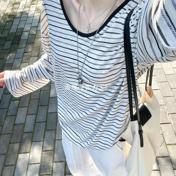 太愛啦!【條紋罩衫】韓係校園風長袖T恤女INS顯瘦慵懶上衣服 韓版長袖上衣 長袖t恤 打底衣 閤身 顯瘦 秋冬內搭上衣